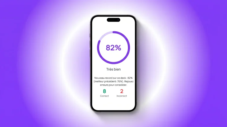 Téléphone : écran des résultats et scores après une session de QCM dans RetentIA